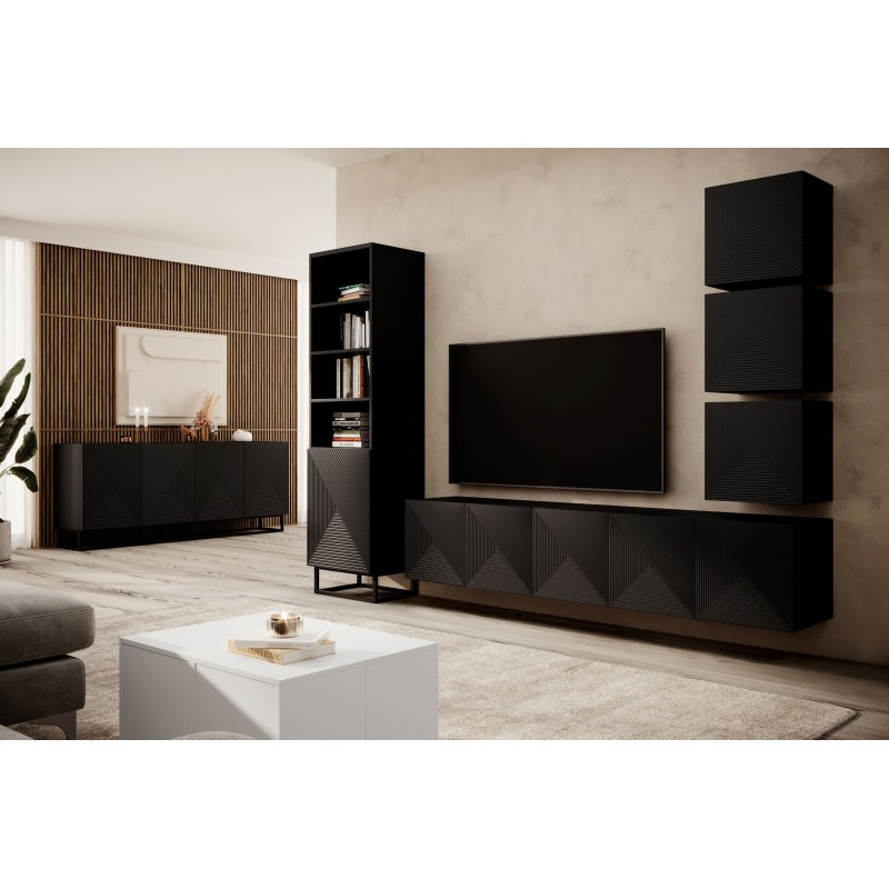 Szafka RTV Asha 200 cm - czarny mat, ryflowany front