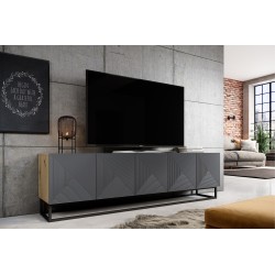 Szafka RTV Asha 200 cm z ryflowanym frontem i metalowym, czarnym stelażem - artisan / rivier stone mat Szafka RTV Asha 200 cm z ryflowanym frontem i metalowym, czarnym stelażem - artisan / rivier stone mat