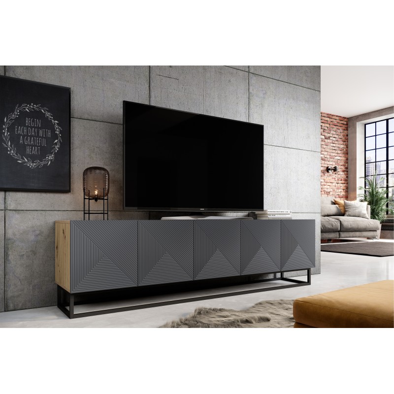 Szafka RTV Asha 200 cm z ryflowanym frontem i metalowym, czarnym stelażem - artisan / rivier stone mat Szafka RTV Asha 200 cm z ryflowanym frontem i metalowym, czarnym stelażem - artisan / rivier stone mat