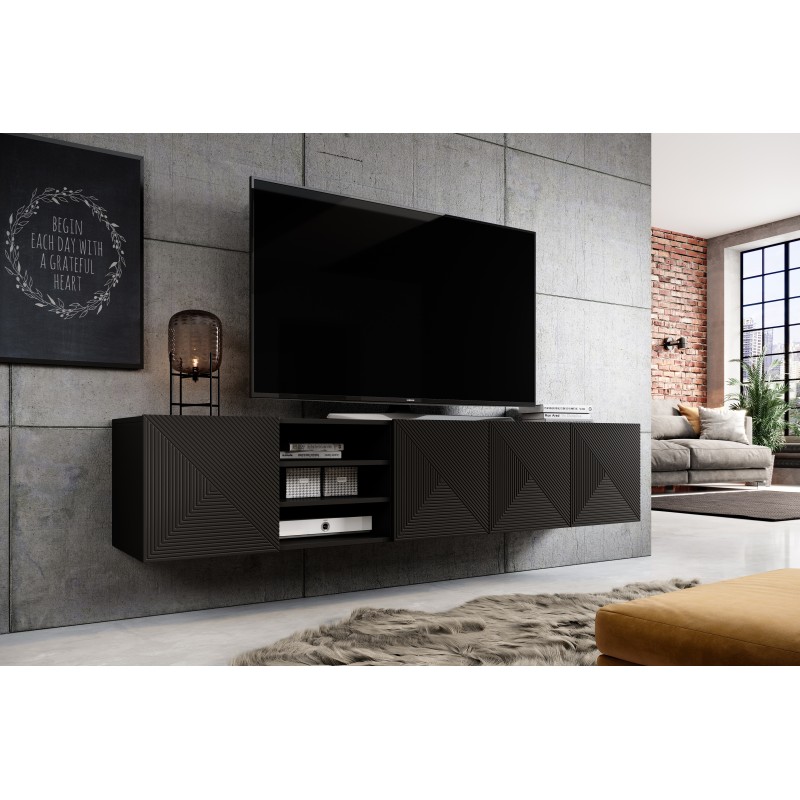 Szafka RTV Asha 200 cm - czarny mat, ryflowany front