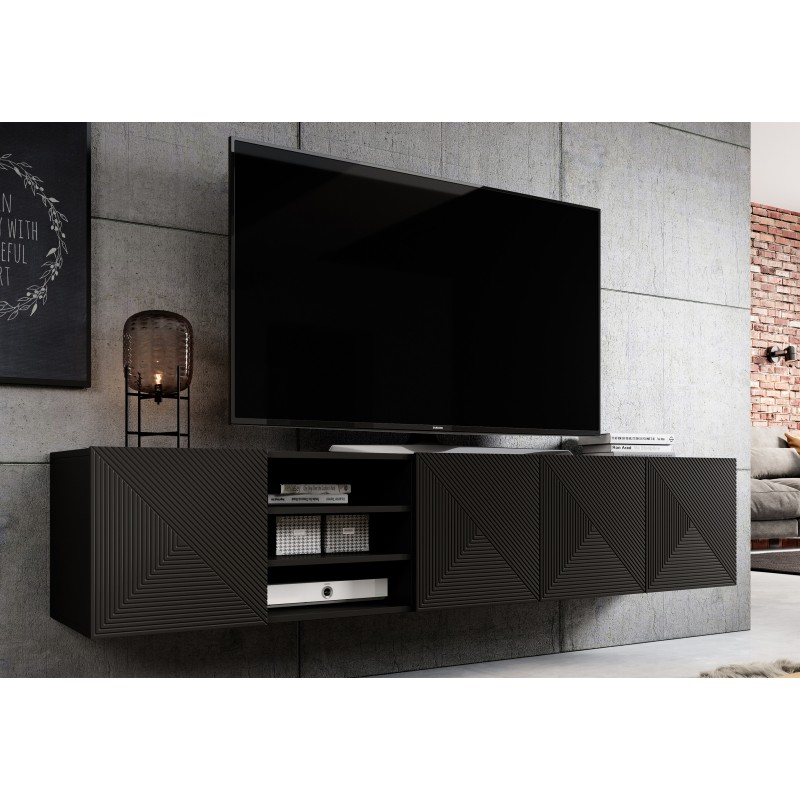 Szafka RTV Asha 200 cm - czarny mat, ryflowany front