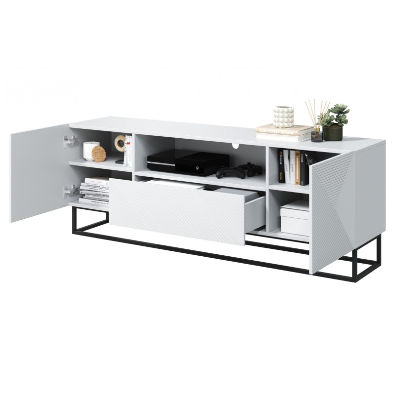 Szafka RTV Asha 167 cm - Biały mat, metalowy stelaż