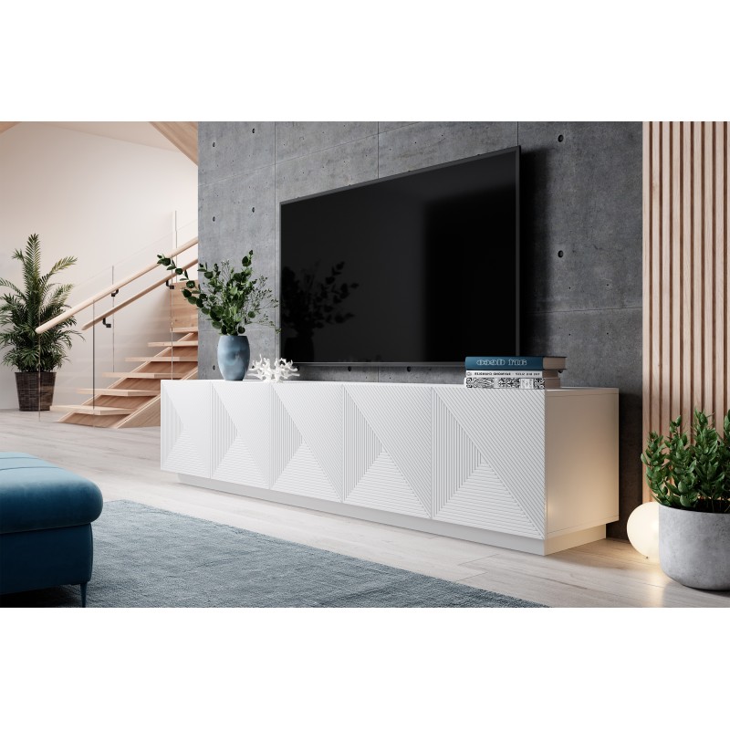 Szafka RTV Asha 200 cm - Biały Mat, Pięciodrzwiowa Szafka RTV Asha 200 cm - Biały Mat, Pięciodrzwiowa