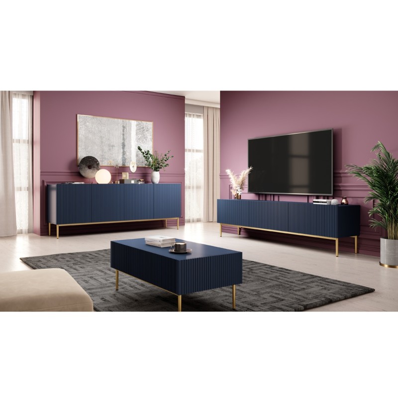 Komoda Nicole 200 cm z ryflowanym frontem i metalowymi nogami - granat / złote nóżki - Limitowana oferta Komoda Nicole 200 cm z ryflowanym frontem i metalowymi nogami - granat / złote nóżki - Limitowana oferta