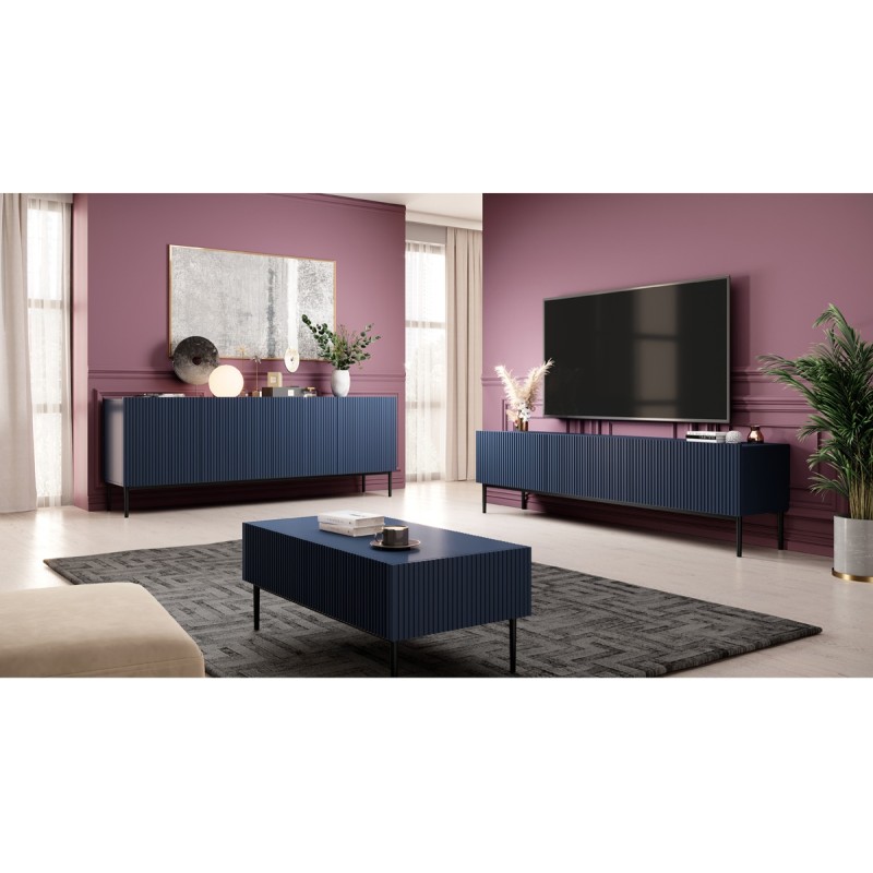 Komoda Nicole 200 cm z ryflowanym frontem i metalowymi nogami - granat / czarne nóżki - Limitowana oferta Komoda Nicole 200 cm z ryflowanym frontem i metalowymi nogami - granat / czarne nóżki - Limitowana oferta