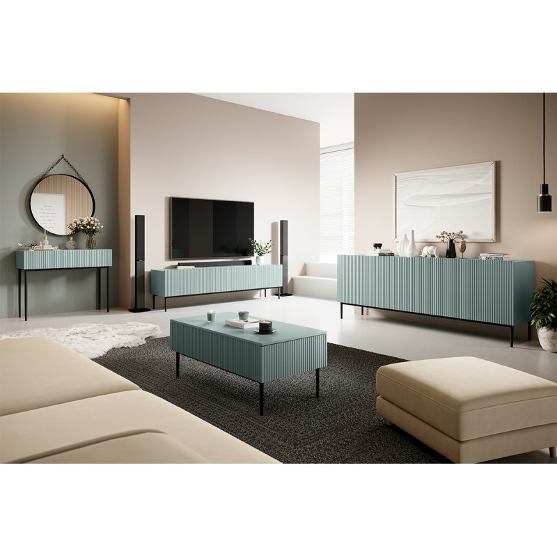 Komoda Nicole 200 cm z ryflowanym frontem i metalowymi nogami- szałwia / czarne nóżki - Limitowana oferta Komoda Nicole 200 cm z ryflowanym frontem i metalowymi nogami- szałwia / czarne nóżki - Limitowana oferta