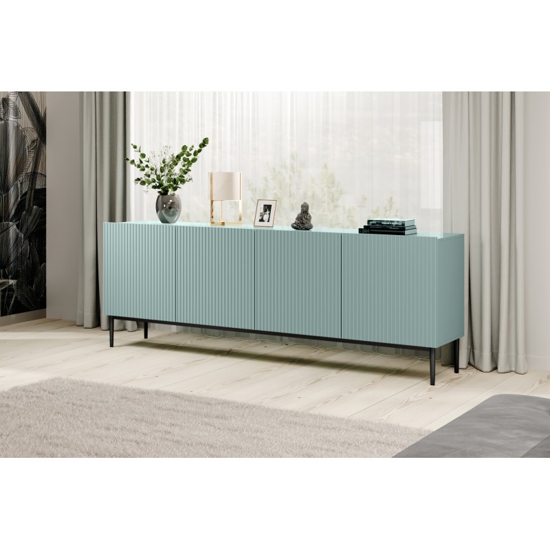 Komoda Nicole 200 cm z ryflowanym frontem i metalowymi nogami- szałwia / czarne nóżki - Limitowana oferta Komoda Nicole 200 cm z ryflowanym frontem i metalowymi nogami- szałwia / czarne nóżki - Limitowana oferta