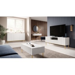 Szafka RTV Nicole 150 cm z szufladą i wnęką - biały mat / złote nóżki Szafka RTV Nicole 150 cm z szufladą i wnęką - biały mat / złote nóżki