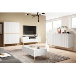 Szafka RTV Nicole 150 cm z szufladą i wnęką - biały mat / złote nóżki Szafka RTV Nicole 150 cm z szufladą i wnęką - biały mat / złote nóżki