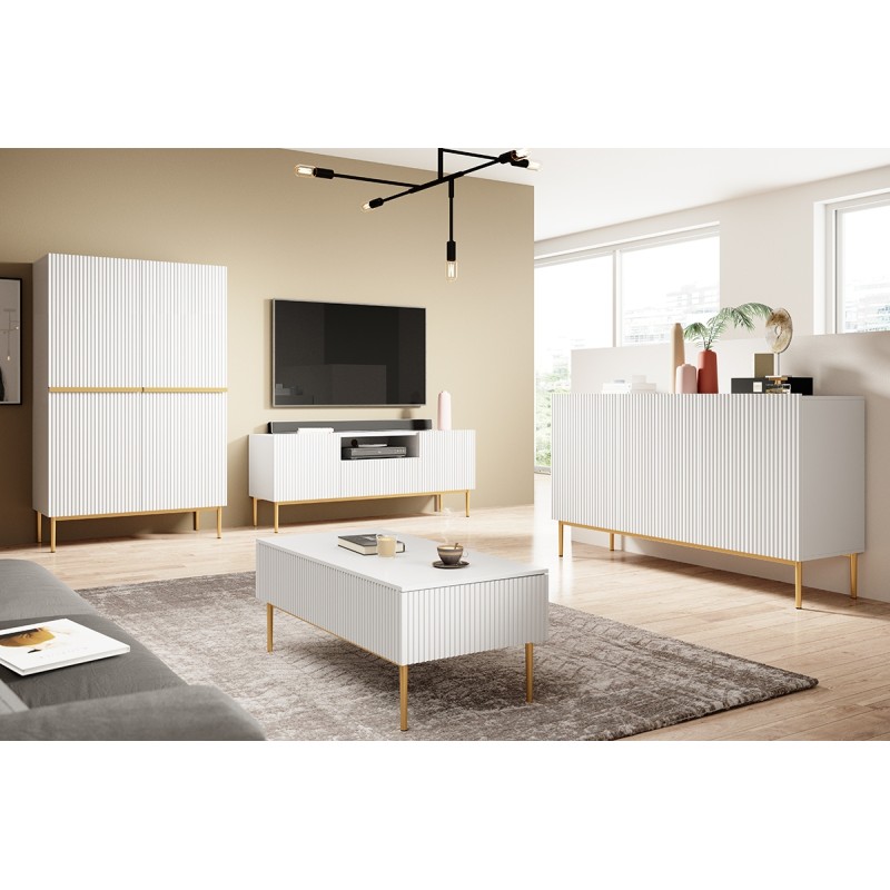 Szafka RTV Nicole 150 cm z szufladą i wnęką - biały mat / złote nóżki Szafka RTV Nicole 150 cm z szufladą i wnęką - biały mat / złote nóżki