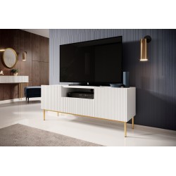 Szafka RTV Nicole 150 cm z szufladą i wnęką - biały mat / złote nóżki Szafka RTV Nicole 150 cm z szufladą i wnęką - biały mat / złote nóżki