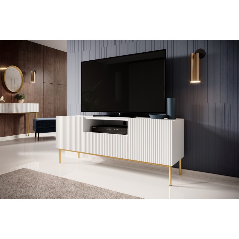 Szafka RTV Nicole 150 cm z szufladą i wnęką - biały mat / złote nóżki Szafka RTV Nicole 150 cm z szufladą i wnęką - biały mat / złote nóżki