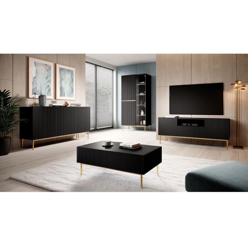 Szafka RTV Nicole 150 cm - czarny mat, złote nóżki