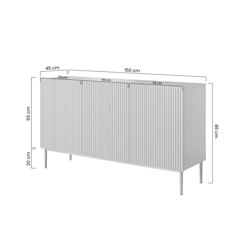 Komoda Nicole 150 cm trzydrzwiowa z ryflowanym frontem - biały mat / czarne nóżki Komoda Nicole 150 cm trzydrzwiowa z ryflowanym frontem - biały mat / czarne nóżki