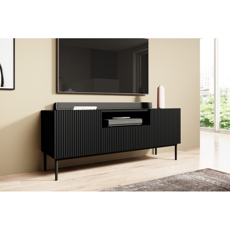 Szafka RTV Nicole 150 cm z szufladą i wnęką - czarny mat / czarne nóżki Szafka RTV Nicole 150 cm z szufladą i wnęką - czarny mat / czarne nóżki