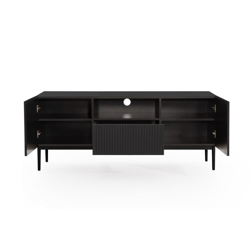 Szafka RTV Nicole 150 cm z szufladą i wnęką - czarny mat / czarne nóżki Szafka RTV Nicole 150 cm z szufladą i wnęką - czarny mat / czarne nóżki
