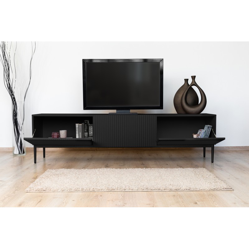 Szafka RTV Nicole 200 cm na metalowych nogach z szufladą - czarny mat / czarne nóżki Szafka RTV Nicole 200 cm na metalowych nogach z szufladą - czarny mat / czarne nóżki