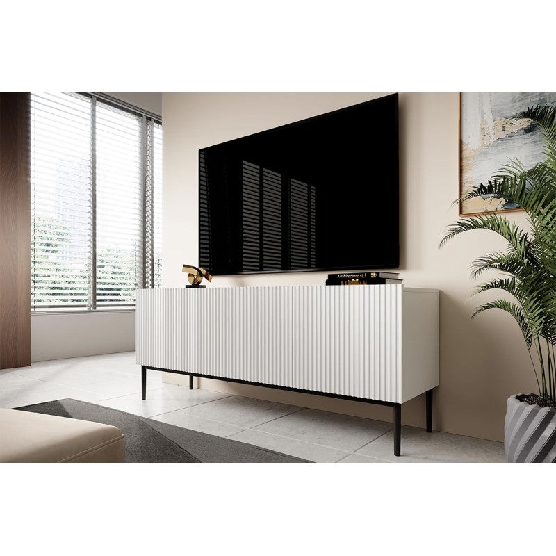 Szafka RTV Nicole 150 cm na metalowych nogach z szufladą - biały mat / czarne nóżki Szafka RTV Nicole 150 cm na metalowych nogach z szufladą - biały mat / czarne nóżki
