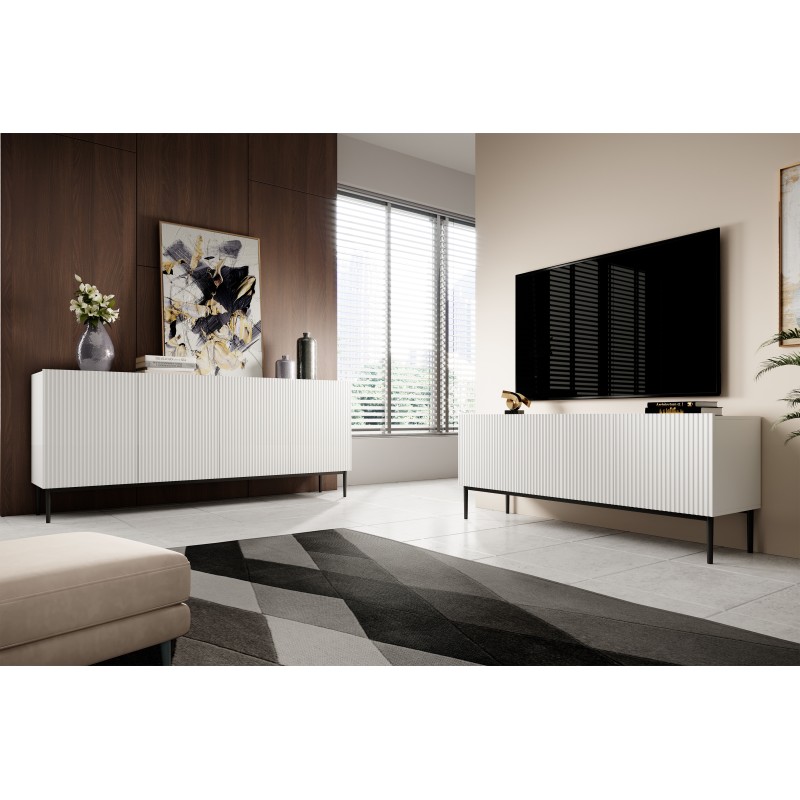 Szafka RTV Nicole 150 cm na metalowych nogach z szufladą - biały mat / czarne nóżki Szafka RTV Nicole 150 cm na metalowych nogach z szufladą - biały mat / czarne nóżki