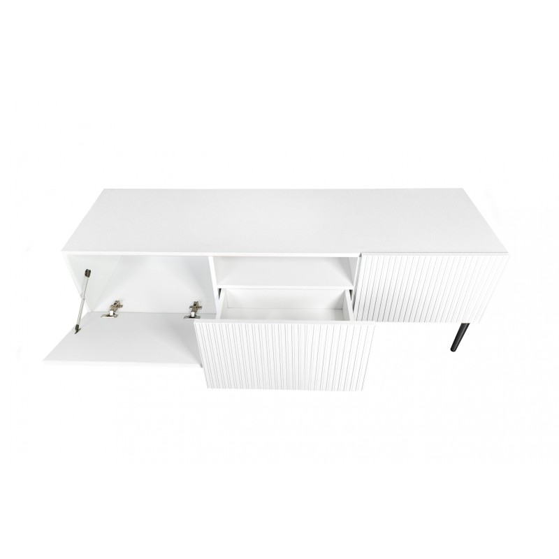Szafka RTV Nicole 150 cm na metalowych nogach z szufladą - biały mat / czarne nóżki Szafka RTV Nicole 150 cm na metalowych nogach z szufladą - biały mat / czarne nóżki