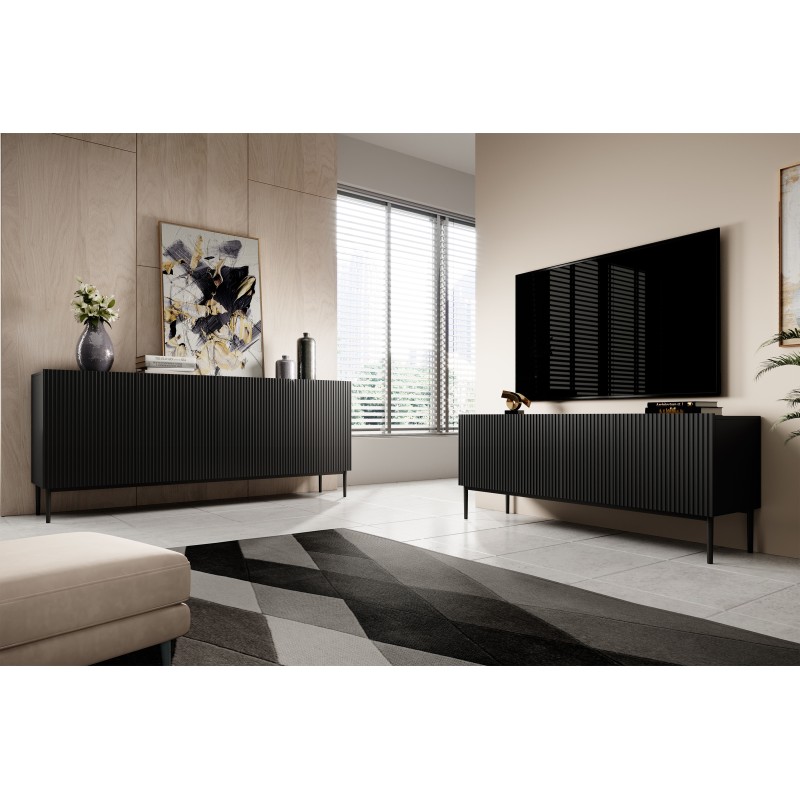 Szafka RTV Nicole 150 cm na metalowych nogach z szufladą - czarny mat / czarne nóżki Szafka RTV Nicole 150 cm na metalowych nogach z szufladą - czarny mat / czarne nóżki