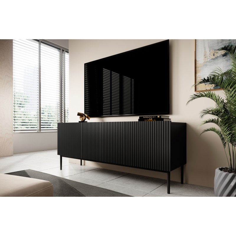 Szafka RTV Nicole 150 cm na metalowych nogach z szufladą - czarny mat / czarne nóżki Szafka RTV Nicole 150 cm na metalowych nogach z szufladą - czarny mat / czarne nóżki