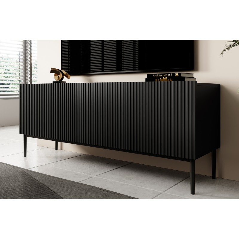 Szafka RTV Nicole 150 cm na metalowych nogach z szufladą - czarny mat / czarne nóżki Szafka RTV Nicole 150 cm na metalowych nogach z szufladą - czarny mat / czarne nóżki