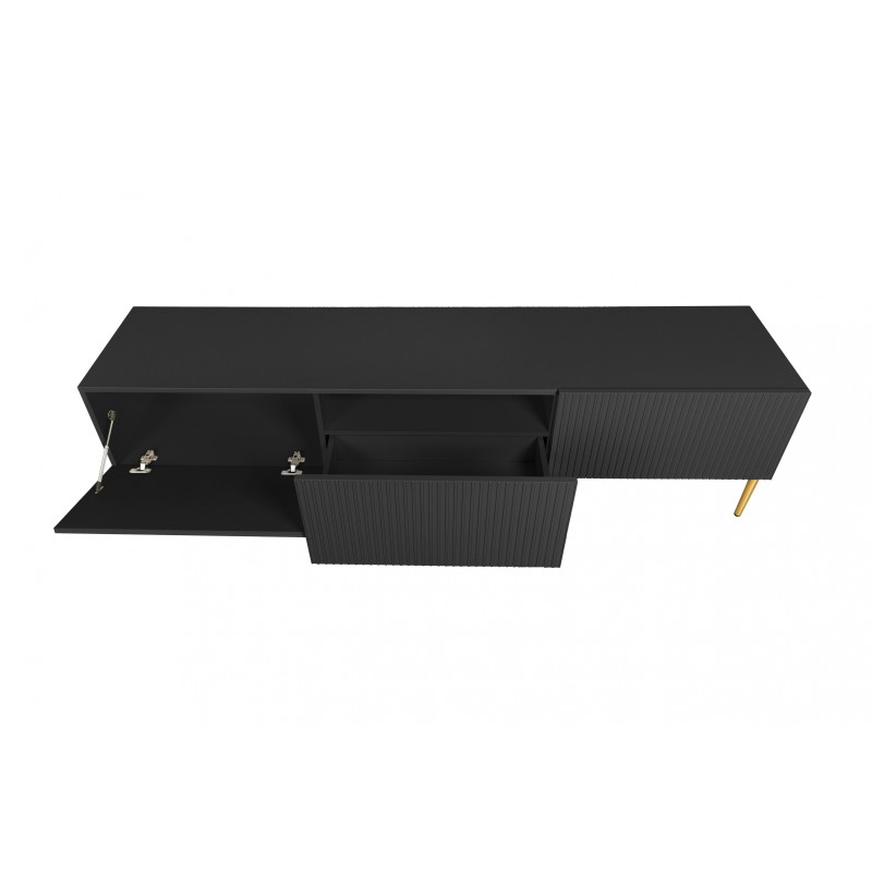 Szafka RTV Nicole 150 cm na metalowych nogach z szufladą - czarny mat / złote nóżki Szafka RTV Nicole 150 cm na metalowych nogach z szufladą - czarny mat / złote nóżki