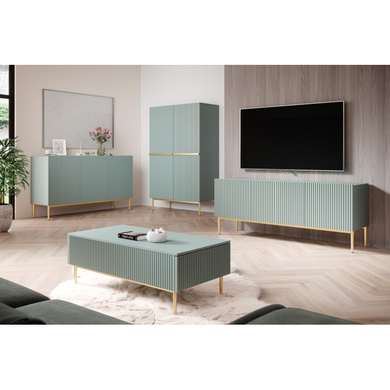 Szafka RTV Nicole 150 cm na metalowych nogach z szufladą - szałwia / złote nóżki - Limitowana oferta Szafka RTV Nicole 150 cm na metalowych nogach z szufladą - szałwia / złote nóżki - Limitowana oferta