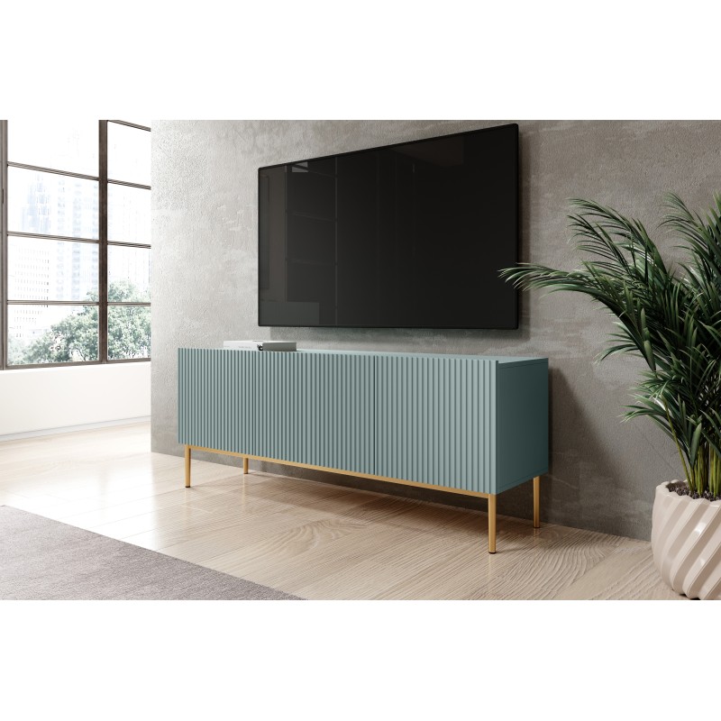 Szafka RTV Nicole 150 cm na metalowych nogach z szufladą - szałwia / złote nóżki - Limitowana oferta Szafka RTV Nicole 150 cm na metalowych nogach z szufladą - szałwia / złote nóżki - Limitowana oferta