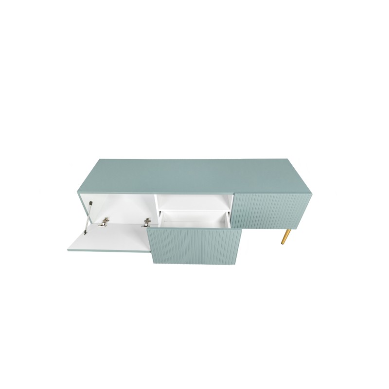 Szafka RTV Nicole 150 cm na metalowych nogach z szufladą - szałwia / złote nóżki - Limitowana oferta Szafka RTV Nicole 150 cm na metalowych nogach z szufladą - szałwia / złote nóżki - Limitowana oferta