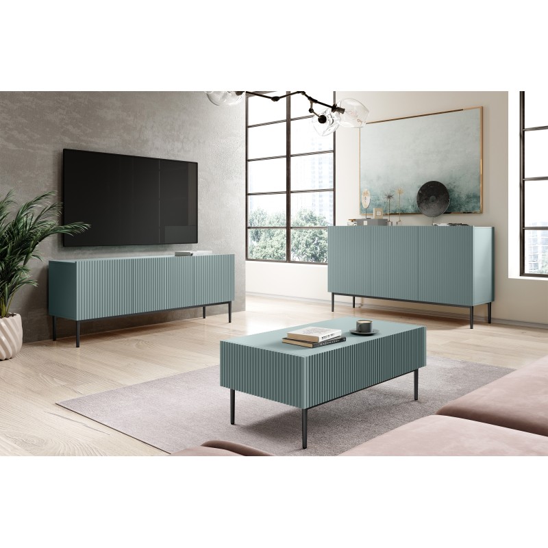 Komoda Nicole 150 cm trzydrzwiowa z ryflowanym frontem - szałwia / czarne nóżki - Limitowana oferta Komoda Nicole 150 cm trzydrzwiowa z ryflowanym frontem - szałwia / czarne nóżki - Limitowana oferta