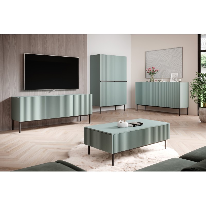 Komoda Nicole 150 cm trzydrzwiowa z ryflowanym frontem - szałwia / czarne nóżki - Limitowana oferta Komoda Nicole 150 cm trzydrzwiowa z ryflowanym frontem - szałwia / czarne nóżki - Limitowana oferta