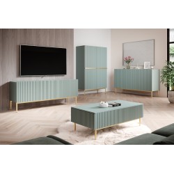 Komoda Nicole 150 cm trzydrzwiowa z ryflowanym frontem - szałwia / złote nóżki - Limitowana oferta Komoda Nicole 150 cm trzydrzwiowa z ryflowanym frontem - szałwia / złote nóżki - Limitowana oferta