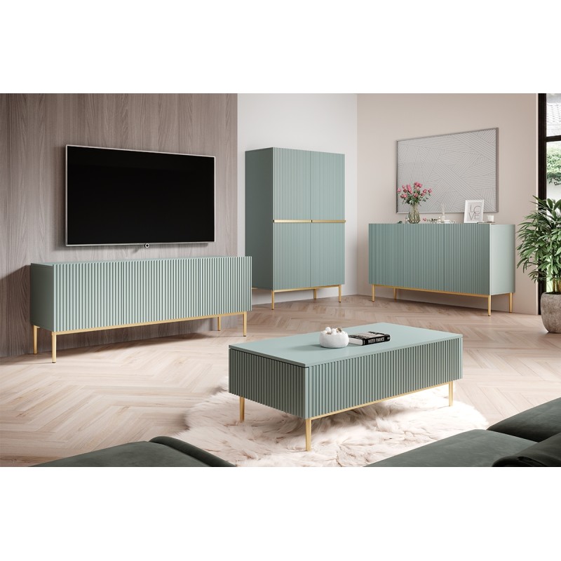 Komoda Nicole 150 cm trzydrzwiowa z ryflowanym frontem - szałwia / złote nóżki - Limitowana oferta Komoda Nicole 150 cm trzydrzwiowa z ryflowanym frontem - szałwia / złote nóżki - Limitowana oferta