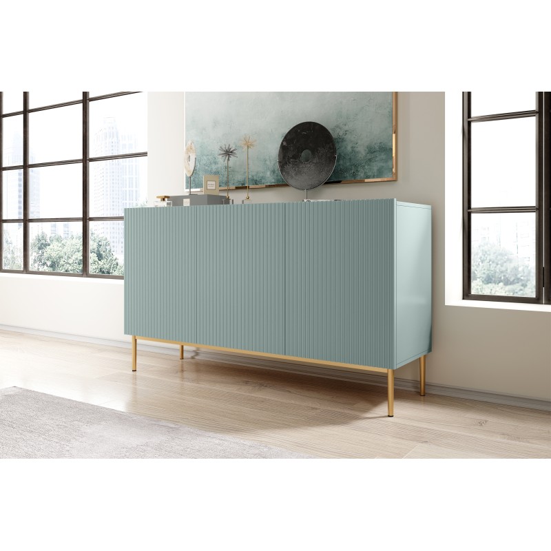 Komoda Nicole 150 cm trzydrzwiowa z ryflowanym frontem - szałwia / złote nóżki - Limitowana oferta Komoda Nicole 150 cm trzydrzwiowa z ryflowanym frontem - szałwia / złote nóżki - Limitowana oferta