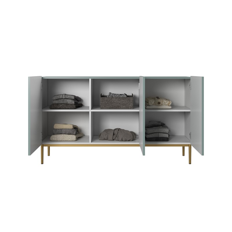 Komoda Nicole 150 cm trzydrzwiowa z ryflowanym frontem - szałwia / złote nóżki - Limitowana oferta Komoda Nicole 150 cm trzydrzwiowa z ryflowanym frontem - szałwia / złote nóżki - Limitowana oferta