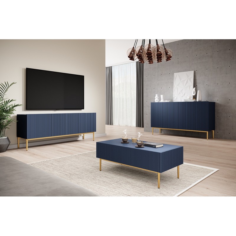 Komoda Nicole 150 cm trzydrzwiowa z ryflowanym frontem - granat / złote nóżki - Limitowana oferta Komoda Nicole 150 cm trzydrzwiowa z ryflowanym frontem - granat / złote nóżki - Limitowana oferta