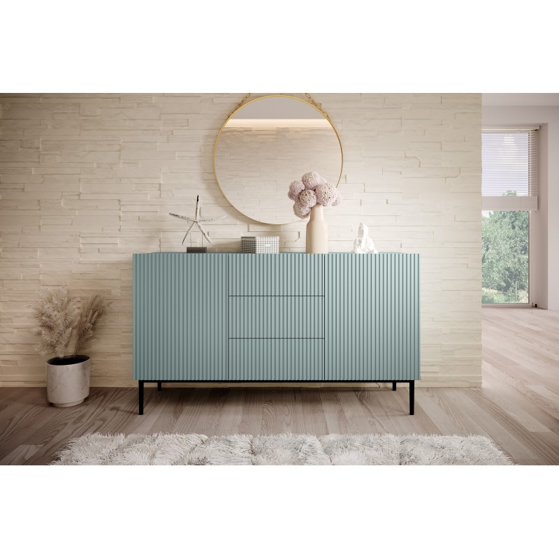 Komoda Nicole 150 cm z szufladami i półkami - szałwia / czarne nóżki - Limitowana oferta Komoda Nicole 150 cm z szufladami i półkami - szałwia / czarne nóżki - Limitowana oferta