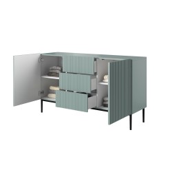 Komoda Nicole 150 cm z szufladami i półkami - szałwia / czarne nóżki - Limitowana oferta Komoda Nicole 150 cm z szufladami i półkami - szałwia / czarne nóżki - Limitowana oferta