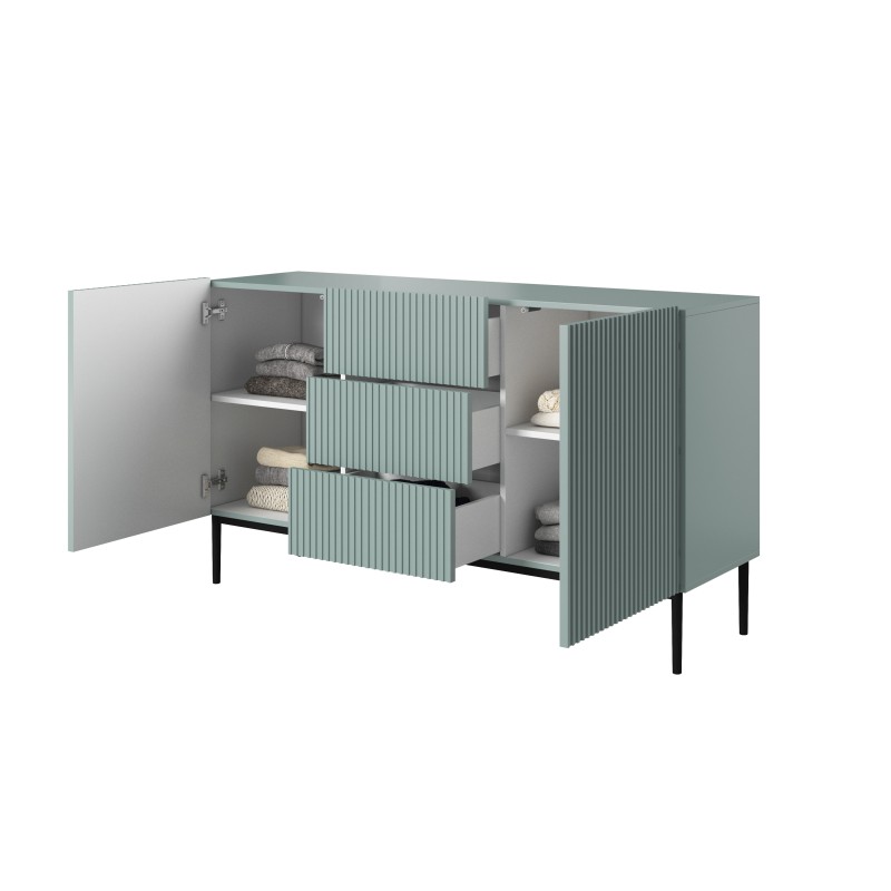 Komoda Nicole 150 cm z szufladami i półkami - szałwia / czarne nóżki - Limitowana oferta Komoda Nicole 150 cm z szufladami i półkami - szałwia / czarne nóżki - Limitowana oferta