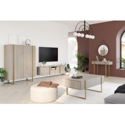Szafka RTV wisząca Verica 150 cm z wnęką i szufladą - dąb biszkoptowy / złote uchwyty Szafka RTV wisząca Verica 150 cm z wnęką i szufladą - dąb biszkoptowy / złote uchwyty