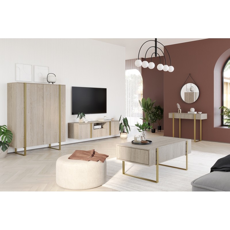 Szafka RTV wisząca Verica 150 cm z wnęką i szufladą - dąb biszkoptowy / złote uchwyty Szafka RTV wisząca Verica 150 cm z wnęką i szufladą - dąb biszkoptowy / złote uchwyty