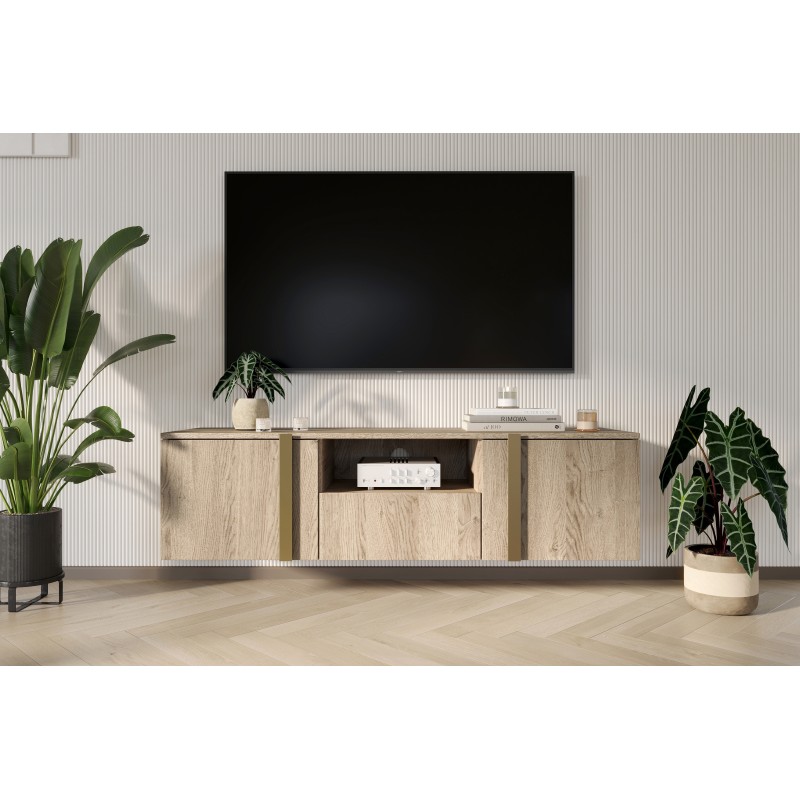Szafka RTV wisząca Verica 150 cm z wnęką i szufladą - dąb biszkoptowy / złote uchwyty Szafka RTV wisząca Verica 150 cm z wnęką i szufladą - dąb biszkoptowy / złote uchwyty