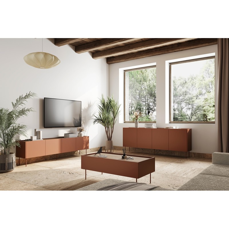Komoda Desin 220 cm z 2 ukrytymi szufladami i metalowymi nogami - ceramic red / dąb nagano Komoda Desin 220 cm z 2 ukrytymi szufladami i metalowymi nogami - ceramic red / dąb nagano