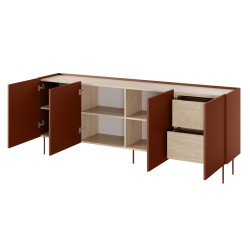 Komoda Desin 220 cm z 2 ukrytymi szufladami i metalowymi nogami - ceramic red / dąb nagano Komoda Desin 220 cm z 2 ukrytymi szufladami i metalowymi nogami - ceramic red / dąb nagano