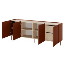 Komoda Desin 220 cm z 2 ukrytymi szufladami i metalowymi nogami - ceramic red / dąb nagano Komoda Desin 220 cm z 2 ukrytymi szufladami i metalowymi nogami - ceramic red / dąb nagano