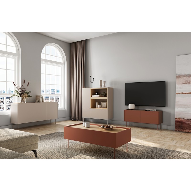 Szafka RTV Desin 120 cm z metalowymi nogami - czerwony / ceramic red / dąb nagano Szafka RTV Desin 120 cm z metalowymi nogami - czerwony / ceramic red / dąb nagano