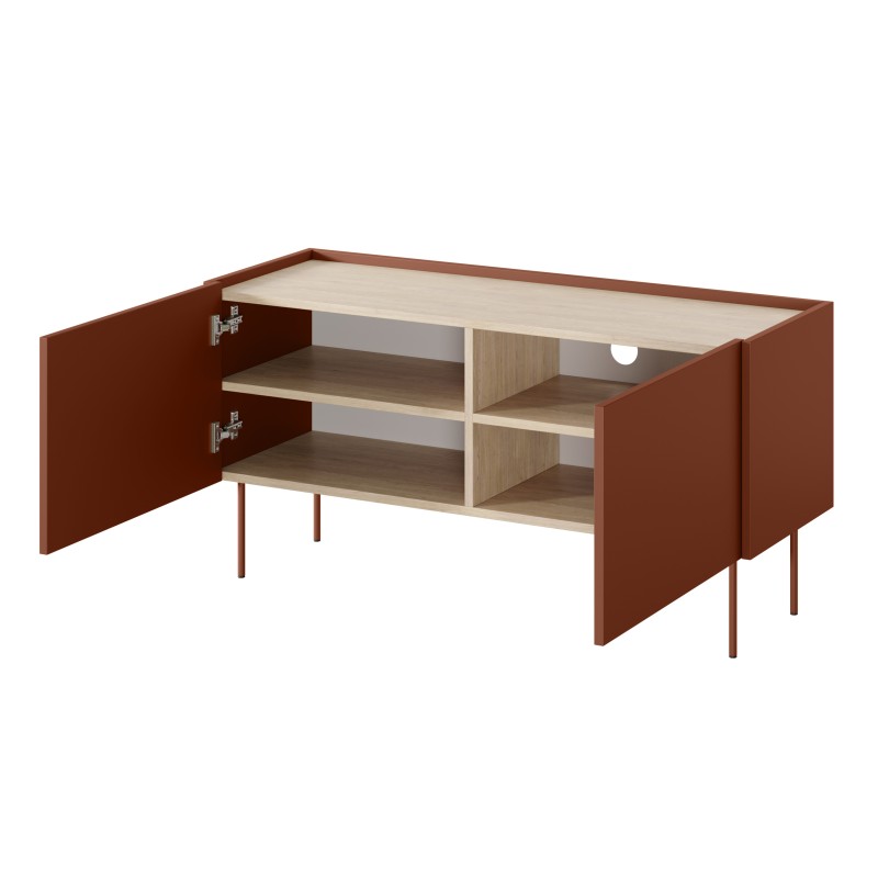 Szafka RTV Desin 120 cm z metalowymi nogami - czerwony / ceramic red / dąb nagano Szafka RTV Desin 120 cm z metalowymi nogami - czerwony / ceramic red / dąb nagano