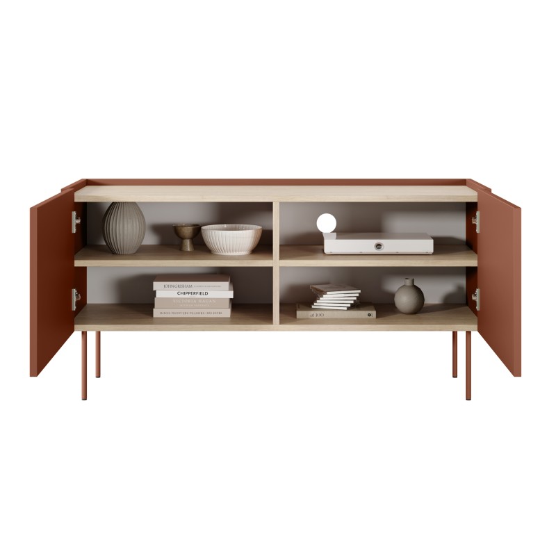 Szafka RTV Desin 120 cm z metalowymi nogami - czerwony / ceramic red / dąb nagano Szafka RTV Desin 120 cm z metalowymi nogami - czerwony / ceramic red / dąb nagano